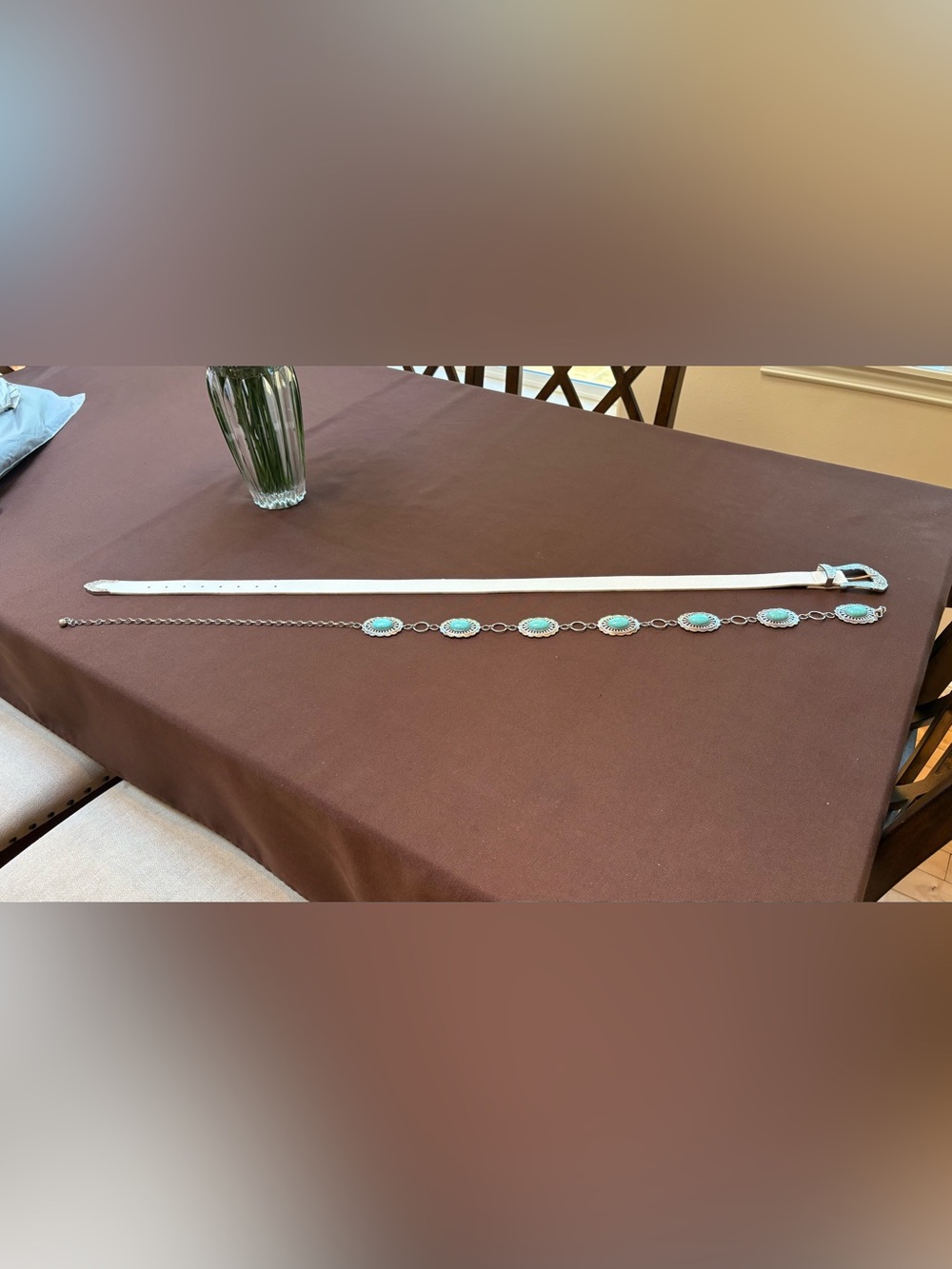 White Leather Western Belt with Turquoise Concho Chain Belt - Picture 4 of 6